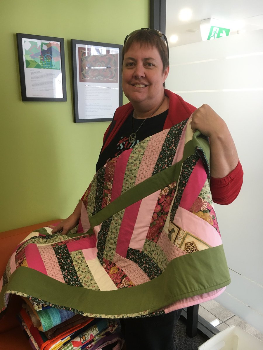 StMarysInExile's tweet photo. When I arrived at #Micahprojects today there was Browyn Venus who dropped off 11 newly made quilts for the homeless. 
She belongs to a group of ladies who make them for people in need.Good timing for winter. https://t.co/NBG5pfjIhd