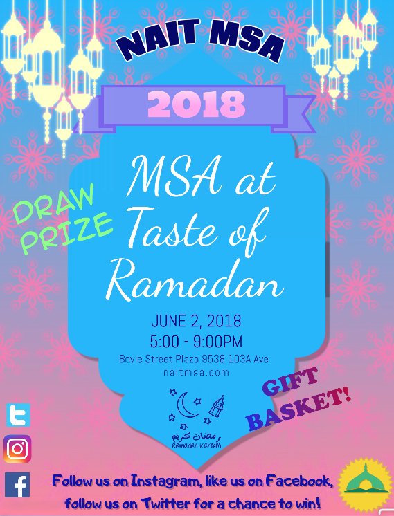 msa_nait's tweet photo. Asalamu Alaikum!
NAIT MSA will be at Taste of Ramadan this coming Saturday! We have a lot going on!
Hope to see you there!!
#naitmsa #TasteOfRamadan #Prize #Ramadan #RamadanMubarak https://t.co/kiCWQljDWc