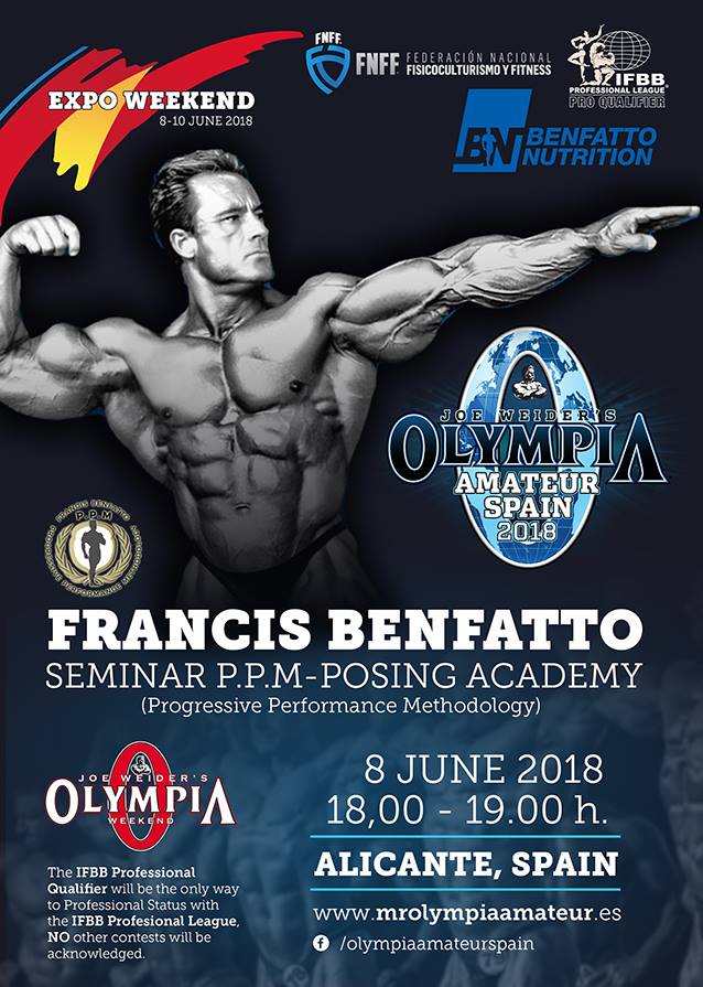 FrancisBenfatto's tweet photo. .@Benfatto_PPM Seminar at IFBB Pro League Olympia Amateur Spain, June 8 | Seminario exclusivo de Francis Benfatto: su exclusivo sistema de entrenamiento + consejos clásicos para hacer poses. Conoce a una leyenda del culturismo https://t.co/l0IIYVzNQZ https://t.co/qtdVtCoF0y