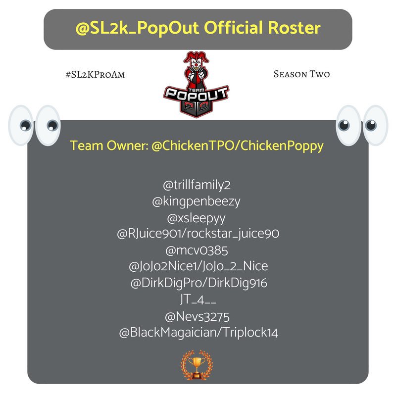 Shhchicken's tweet photo. #Season2 @SL2KProAm Official Roster #PopOUT💯#SL2k #Hannnnnnnnnnnnn😂#GetTheStrap!! 
@Trillfamily2 @kingpenbeezy @xsleeppy @RJuice901 @mcv0385 @jojo2nice1 @DirkDigPro @nevs3275 @BlackMagaician 🔥🔥🔥🔥

@SL2K_Stats @TheBounceSB 
@2k_sportscenter @2KCrewFinder  @ProAmSpotlight 💯 https://t.co/CxKLdyt9DY