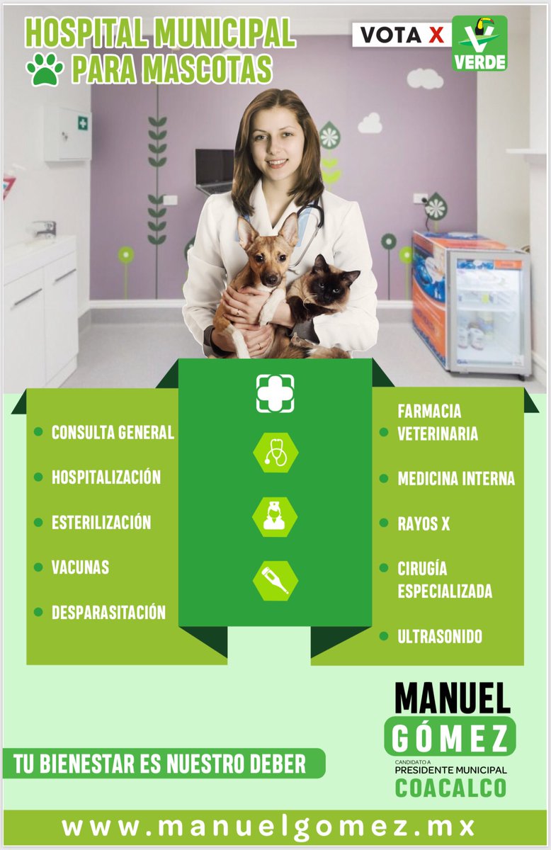 soymanuelgomez's tweet photo. #Infografía Propuesta. Hospital Municipal para Mascotas 🐶 🐱 🐕 VOTA PARTIDO VERDE 1 DE JULIO. #ConManuelSí ✌🏻COACALCO https://t.co/HSie4VOanJ
