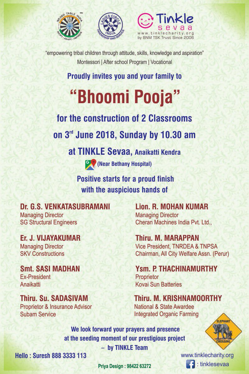 Tinklesevaa's tweet photo. @Tinklesevaa We welcome all our #patrons &amp; #WelWishers for our #FoundationStone laying day #Anakatti On #03rdJune,18.We welcome with Folded Hands our #Suporters #Patrons  
#ChiefGuest #LadiesCircle  #RoundTableIndia #AnakattiPeople #TinkleMembers https://t.co/60aDE2nQKv