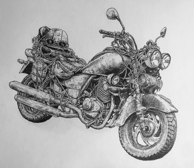 インスタには載せてたんですけど、ツイッターにはまだだったので公開。結構頑張ってバイク描きました…!#ペン画を流してペン画民を増やそう #少しでもいいと思ったらRT #バイク乗りと繋がりたい 