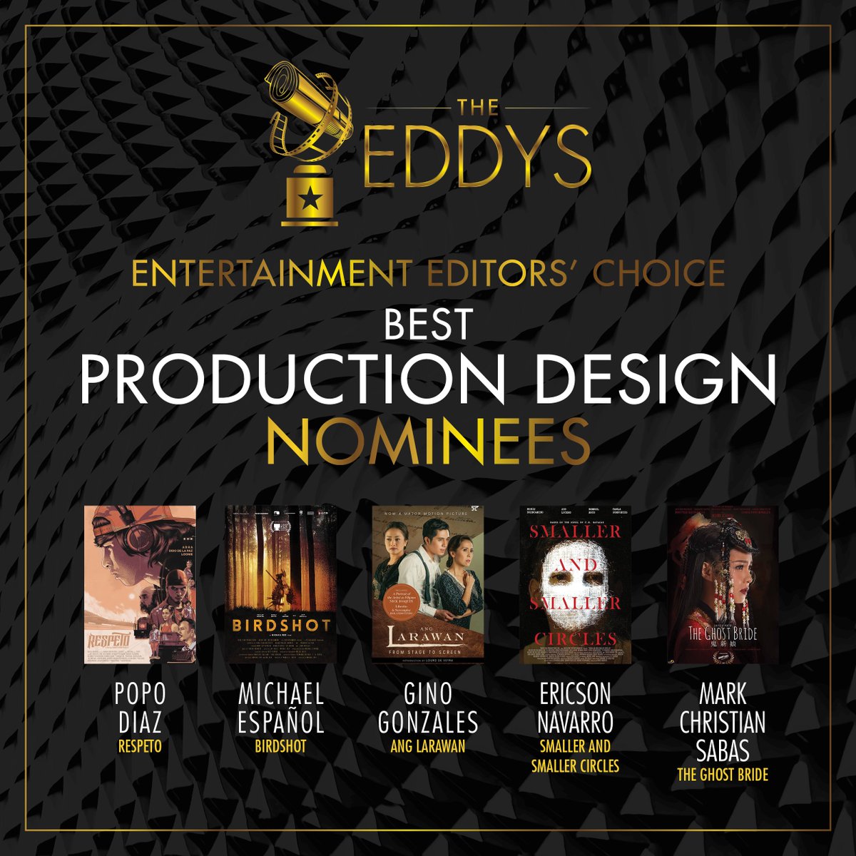 _TheSpeed's tweet photo. EDDYS 2018 BEST PRODUCTION DESIGN NOMINEES:

1. Popo Diaz (#Respeto)
2. Michael Español (#Birdshot)
3. Gino Gonzales (#AngLarawan)
4. Ericson Navarro (#SmallerAndSmallerCircles)
5. Mark Christian Sabas (#TheGhostBride) https://t.co/eHa5yME8cJ