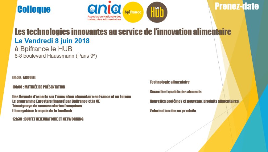 Bpifrance's tweet photo. #AAPFoodTech2018 : Le 08/06 sera consacré à la présentation de l’innovation alimentaire en France et en Europe, ainsi qu’à la présentation du programme  #Eurostars. L’après-midi sera réservé aux RDV d’affaires. L’événement aura lieu au @BpifranceHub! https://t.co/PAsGkAZVkB https://t.co/iJA2AZfkrN