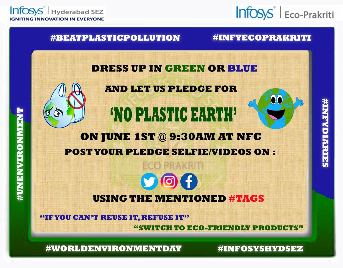 infyecoprakriti's tweet photo. Let the Earth breathe.. Come dress up in green or blue and Take the 'No plastic Earth' pledge #BeatPlasticPollution #WorldEnvironmentDay #unenvironment #infyecoprakriti #infosyshydsez #infyDiaries #taskts https://t.co/IX0Bv0mhxT