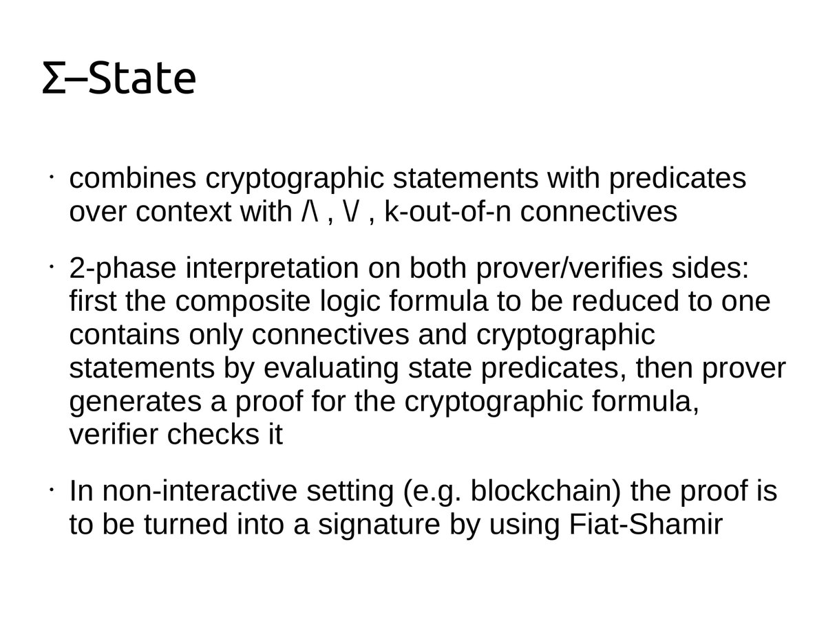 ergo_platform's tweet photo. Alexander Chepurnoy @chepurnoy presented "An authentication language for #blockchain based on sigma-protocols enhanced by boolean predicates" at #CTCrypt 2018 ⚡
Slides https://t.co/aueLkHT9bP 🎁
#SmartSignatures #Σ-State #Σ-Protocols #Bitcoin-On-Steroids #ErgoPlatform $EFYT https://t.co/MRlPIC5msH