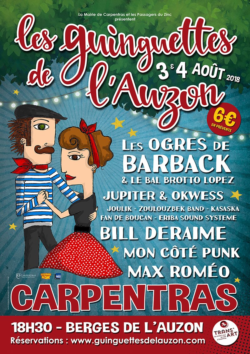 Carpentras84200's tweet photo. 📢Découvrez en avant-première👍 la programmation des Guinguettes de l'Auzon 🌞édition 2018 :
https://t.co/gp2CDnWkG9
#Carpentras #guinguette #Musique @passagersduzinc @OgresDeBarback @BillDeraime @charmaxromeo @Jupiterokwess @MonCotePunk https://t.co/ri6cJsr3kb