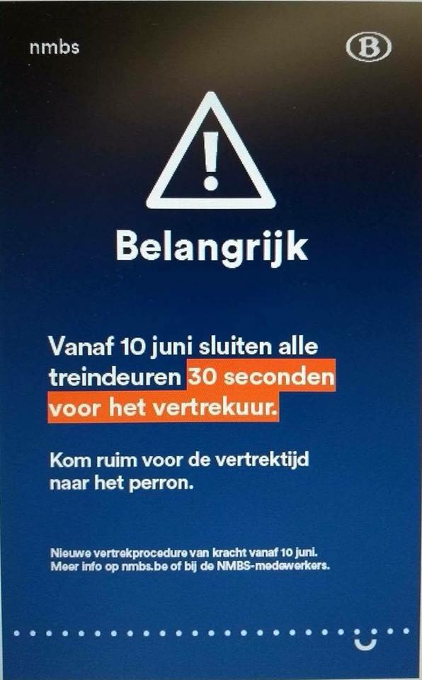 BeNavetteurs's tweet photo. Dès le 10 juin, les trains #SNCB démarreront portes fermées 30'' avant le départ : "Enfin une décision qui permettra d'éviter des situations de tension et des accidents comme celui de #Dinant" https://t.co/pJThrpgkIE