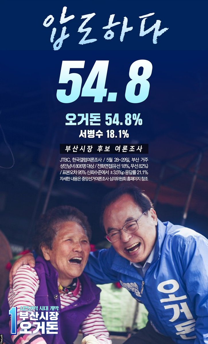 오거돈 54.8 압·도·하·다
시민권력시대 개막
부산의 첫번째 민주시장 
기호 1번 오거돈

[조사개요는 이미지표기]
배포 및 펌질자유