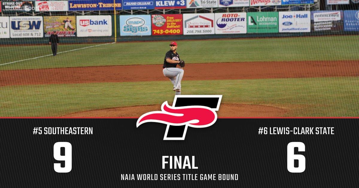 SEUFireBaseball's tweet image. CHAMPIONSHIP BOUND: The Fire have eliminated the Lewis-Clarke State College Warriors, winner of the last three Avista-NAIA World Series, with a 9-6 victory and are one win away in Lewiston from a national championship! #FanTheFire🔥 #NAIAWorldSeries #AllRoadsLeadHere