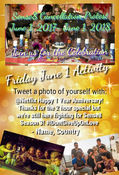 IAmWeCampaign's tweet photo. 🎉ONE YEAR ANNIVERSARY ACTIVITY; FRIDAY JUNE 1🎉 

We're kindly asking ALL Sensie warriors and clusters participate🙏. It is Sense8Friday as well as the Brazil premier, but we'd love if everyone took part in honoring one of the most important days in @sense8 history! 🎉 https://t.co/bNwMg2hv5K