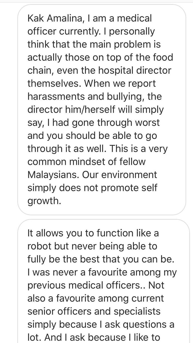 DrAmalinaBakri's tweet photo. Dear Junior Doctors,
I’m very sorry to hear all your stories. @rafidah72 and I are looking into this issue and we are talking to people at the top management level in Malaysia on how to prevent bullying and harassments in Malaysian Hospitals and the support that you need. https://t.co/AuJ0RrbkGS