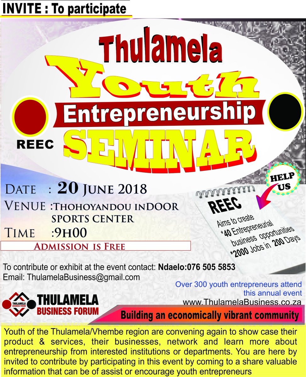thulamelaForum's tweet photo. @RECYPartnership  Do  you  have  partners who can join us on the 20 June 2018  as we expose various  entrepreneurial  opportunnities to  youth entrepreneurs. https://t.co/SWvIzkPMQC