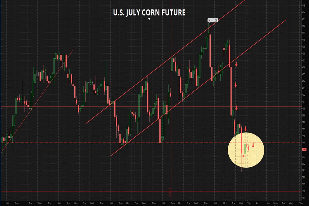Riddermark_Cap's tweet photo. U.S. July futures dipped below support at $3.95 as bearish factors weighs on the market.

The $3.90 or even $3.875 support levels could be reached if resistance is established and holds at $3.95.

Nearby resistance is seen at $3.98/99 (minor) and $4.00/01 https://t.co/i5zjn9kviI