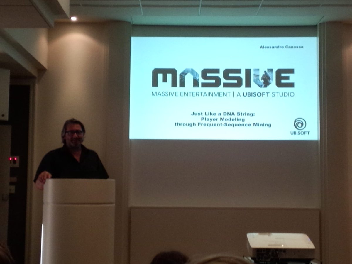 fsapi0's tweet photo. Alessandro Canossa talking about Player Modelling at #Ubisoft through Frequent Sequence Mining.
@GameAI2018 #ArtificialIntelligence #gamedev #AI #gaming #games #game #indiedev #PlayerModeling #Player #HCI #GameDesign #Massive https://t.co/I67dKxkX2H