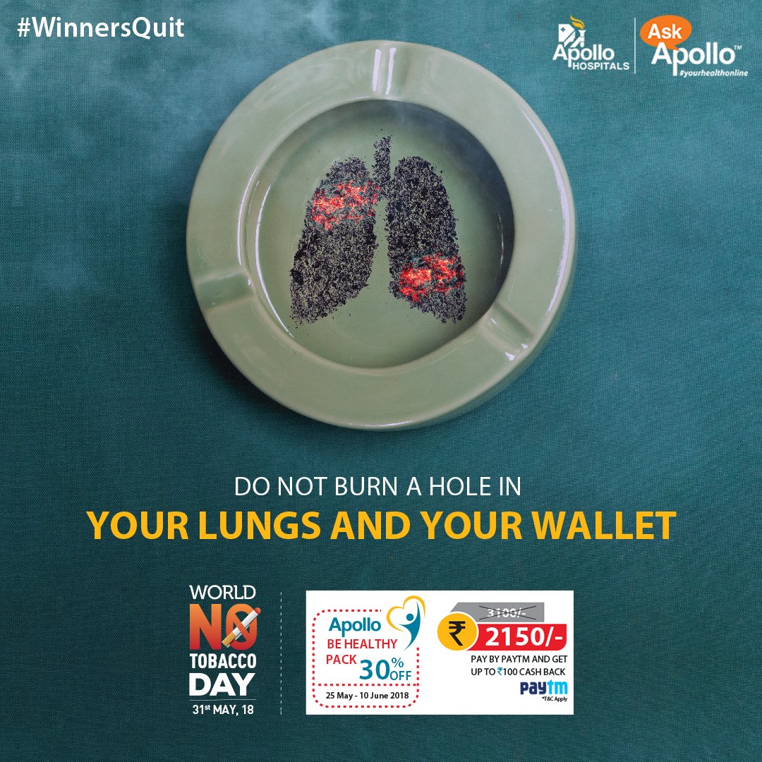 HospitalsApollo's tweet photo. This #WorldNoTobaccoDay make a commitment to choose life with #ApolloHospitals Be Healthy Pack and #QuitSmoking. Because #WinnersQuit! Book your appoint here: https://t.co/NQTmv170Qu https://t.co/63DYcs6BP0