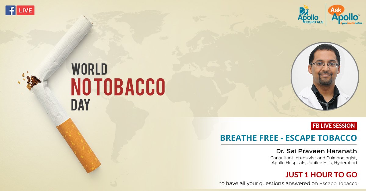 HospitalsApollo's tweet photo. Don't forget to tune in for our Facebook LIVE Session by Dr. Sai Praveen Haranath #ApolloHospitals #AskApollo #WinnersQuit #NoSmoking https://t.co/0RpMtbGOci