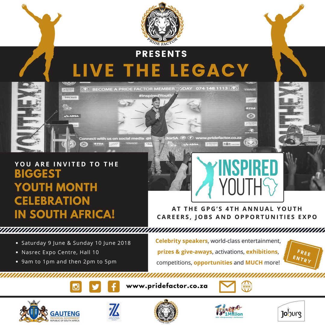 Come join us at South Africa's biggest Youth Month Celebration on 9 &amp; 10 June at Nasrec Expo Centre! Fun, entertainment, opportunities, celebrity speakers and loads of cool prizes and give-aways. 
Entrance is free 😁
See you there!
#InspiredYouthSA 
#GautengYouthExpo 
#YouthOf76