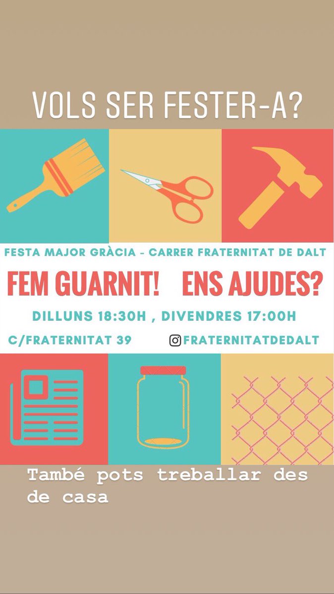 fraternitatdd's tweet photo. Ai mareta!😱Que només queden 2 mesos i mig per la Festa Major i ens queda per fer un munt! 😰Vols convertir-te en FESTER-A i participar en la Festa?! 🎉Plegats fem #FMGràcia🎉#fraternitatdedalt #fratern #fester #festera #vullserfester #vullserfestera @festagracia @Bcn_Gracia https://t.co/VuaWfjIkre