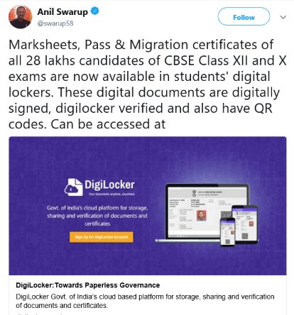 Amit Ranjan (@amitranjan) on Twitter photo Third year running, CBSE Std X & XII results published on DigiLocker same day as announced. Students getting verified online marksheet/certificates immediately is a game-changer. In fact, all CBSE Std X & XII results since 2004 are now available online on DigiLocker <a href="/India_Stack/">India Stack</a> Third year running, CBSE Std X & XII results published on DigiLocker same day as announced. Students getting verified online marksheet/certificates immediately is a game-changer. In fact, all CBSE Std X & XII results since 2004 are now available online on DigiLocker <a href="/India_Stack/">India Stack</a>