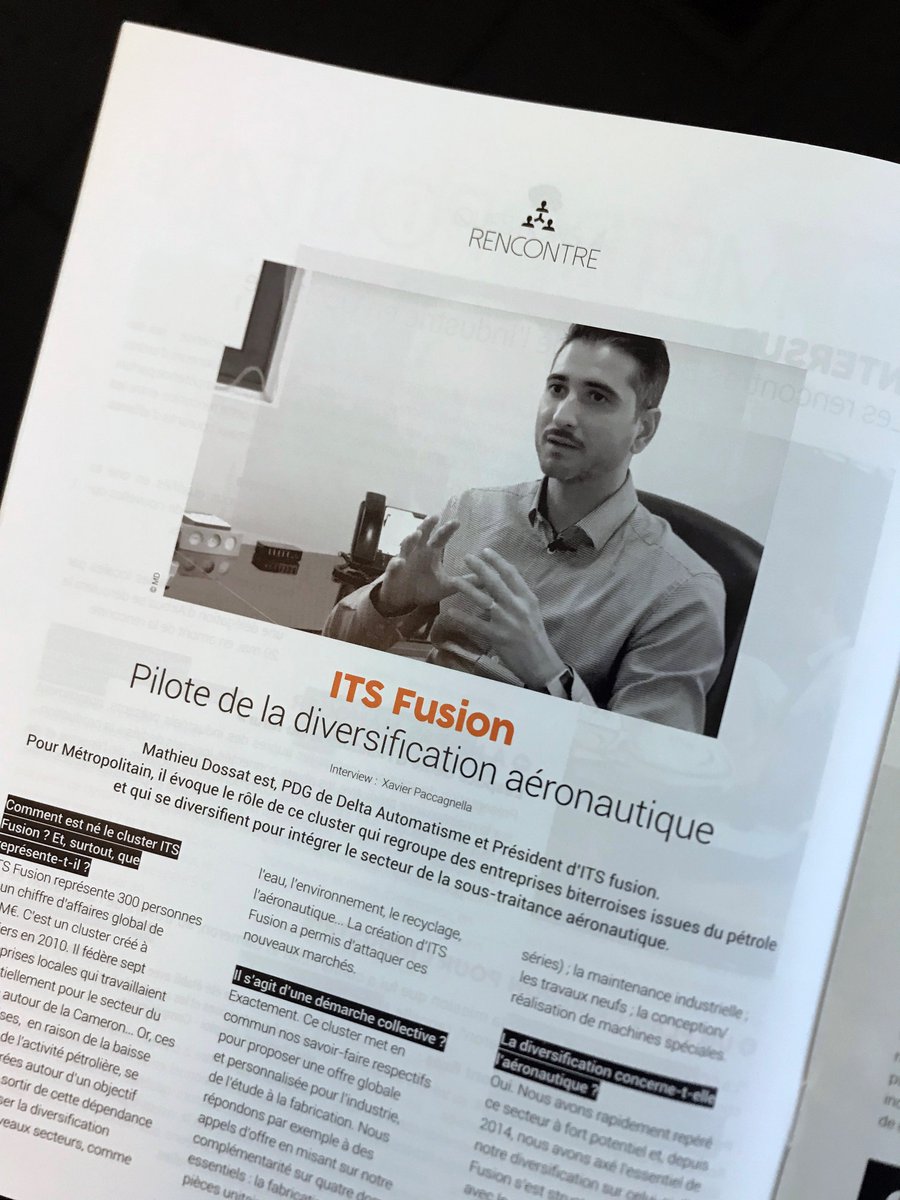 DELTAutomatisme's tweet photo. Interview de Mathieu DOSSAT dans le @myMetropolitain sur la diversification aéronautique menée par le cluster @ITS_Fusion34  #Intersud2018 #ITSFusion #Intersud #DELTAAutomatisme https://t.co/kpU5OK8TH0