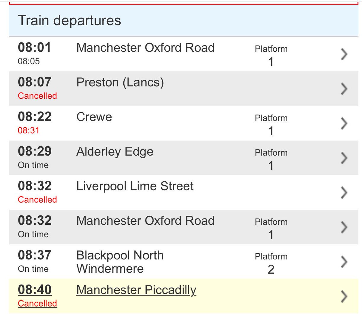 DanielHewittITV's tweet photo. The fact I looked at these Northern departures from Deansgate this morning and thought “that’s not bad, just the three cancelled trains” is pretty bloody depressing. https://t.co/EsYUo7yP3D