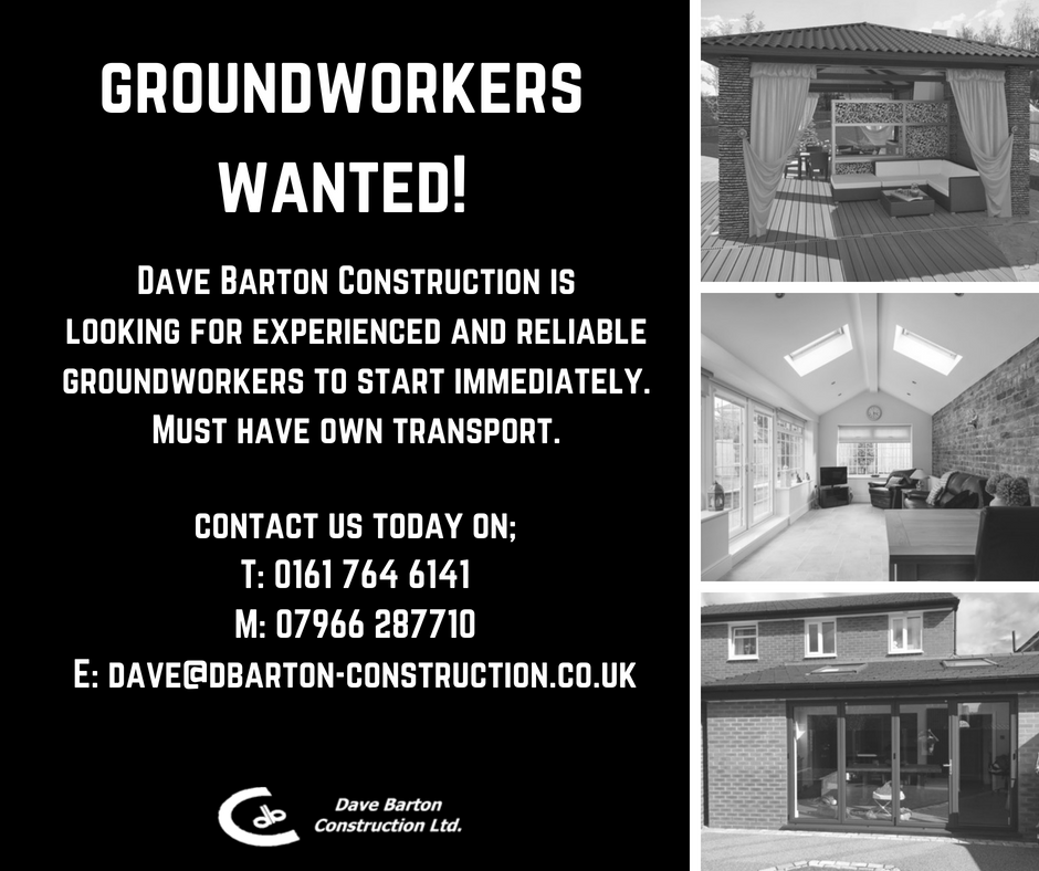 dave_dbc's tweet photo. Groundworker wanted! Contact us today for an immediate start on 0161 764 6141. No Recruitment agencies!
#groundworkerjobs #constructionjobs https://t.co/9kyJWE0zaO