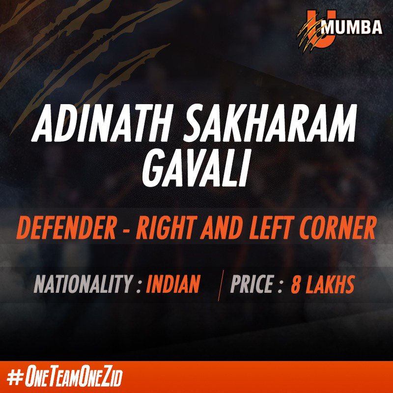umumba's tweet photo. Adinath Sakharam Gavali from Maharashtra comes at a steal for 8 Lakhs. The #UMumba defence is getting stronger! #OneTeamOneZid @ProKabaddi https://t.co/lcUEhlxlqM