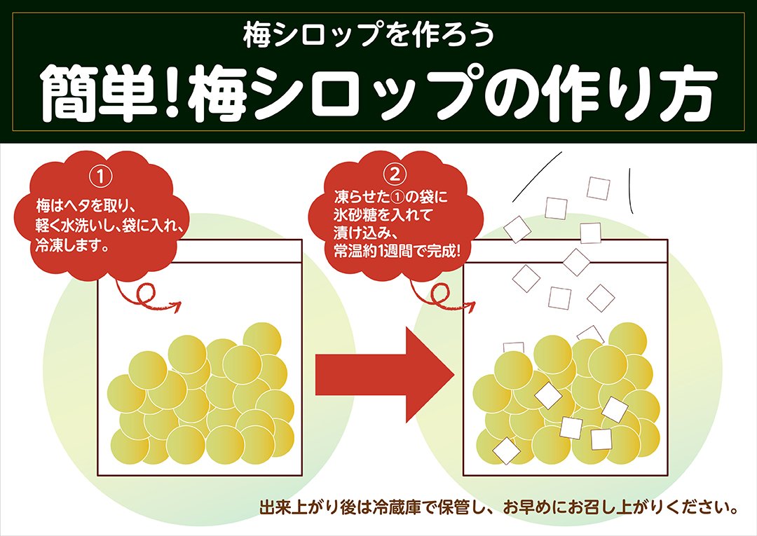 イトーヨーカドー 今日は 梅の日 梅シロップの作り方をご紹介 梅はヘタを取り 軽く水洗いし 袋に入れ 冷凍します 凍らせた の袋に氷砂糖を入れて漬け込み 常温約1週間で完成 店頭でもシロップ用国内産の梅をご用意しております 各 イトーヨーカドー 今日は 梅の日 梅シロップの作り方をご紹介 梅はヘタを取り 軽く水洗いし 袋に入れ 冷凍します 凍らせた の袋に氷砂糖を入れて漬け込み 常温約1週間で完成 店頭でもシロップ用国内産の梅をご用意しております 各