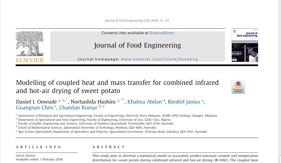 DIOnwude's tweet image. Modelling of coupled heat and mass transfer for combined infraredand hot-air drying of sweet potato..#ChemicalEnginneering #DryingTechnology #MathematicalModels #AgriculturalEngineering #FoodEngineering