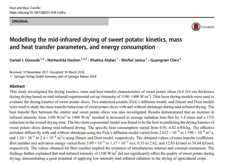 DIOnwude's tweet image. Modelling the mid-infrared drying of sweet potato: kinetics, mass
and heat transfer parameters, and energy consumption#ChemicalEnginneering #DryingTechnology #MathematicalModels #AgriculturalEngineering #FoodEngineering