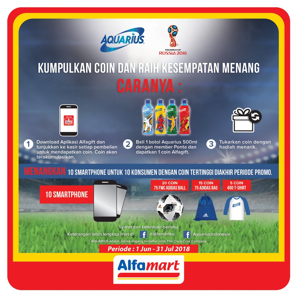 Raih kesempatan untuk memenangkan 10 Smartphone dan hadiah menarik lainnya dengan membeli Aquarius di Alfamart terdekat! Info lebih lanjut cek CokeURL.com/AquariusAlfama…