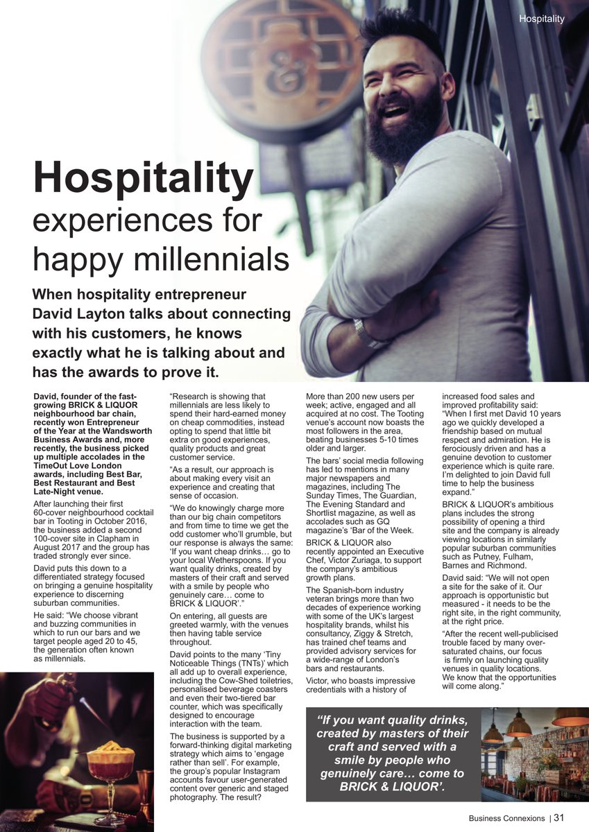 Great feature in Business Connexions magazine on the story of BRICK &amp; LIQUOR and our approach to hospitality... #hospitality  #customerservice #millenials #crowdfund #growth #tooting #clapham #brickandliquor