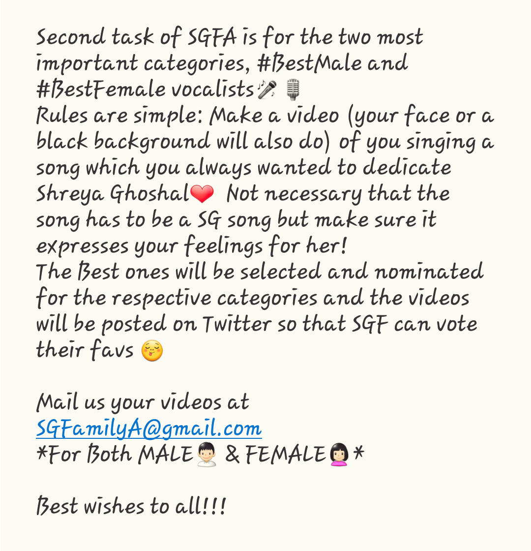 The second task for SGFA is here!
Entries for the categories #BestMale and #BestFemale vocal leads will be taken till 8th of May. 

So singers go grab your 🎙 as its time to set the stage on fireeee🔥
#SGFamilyAwards 2018