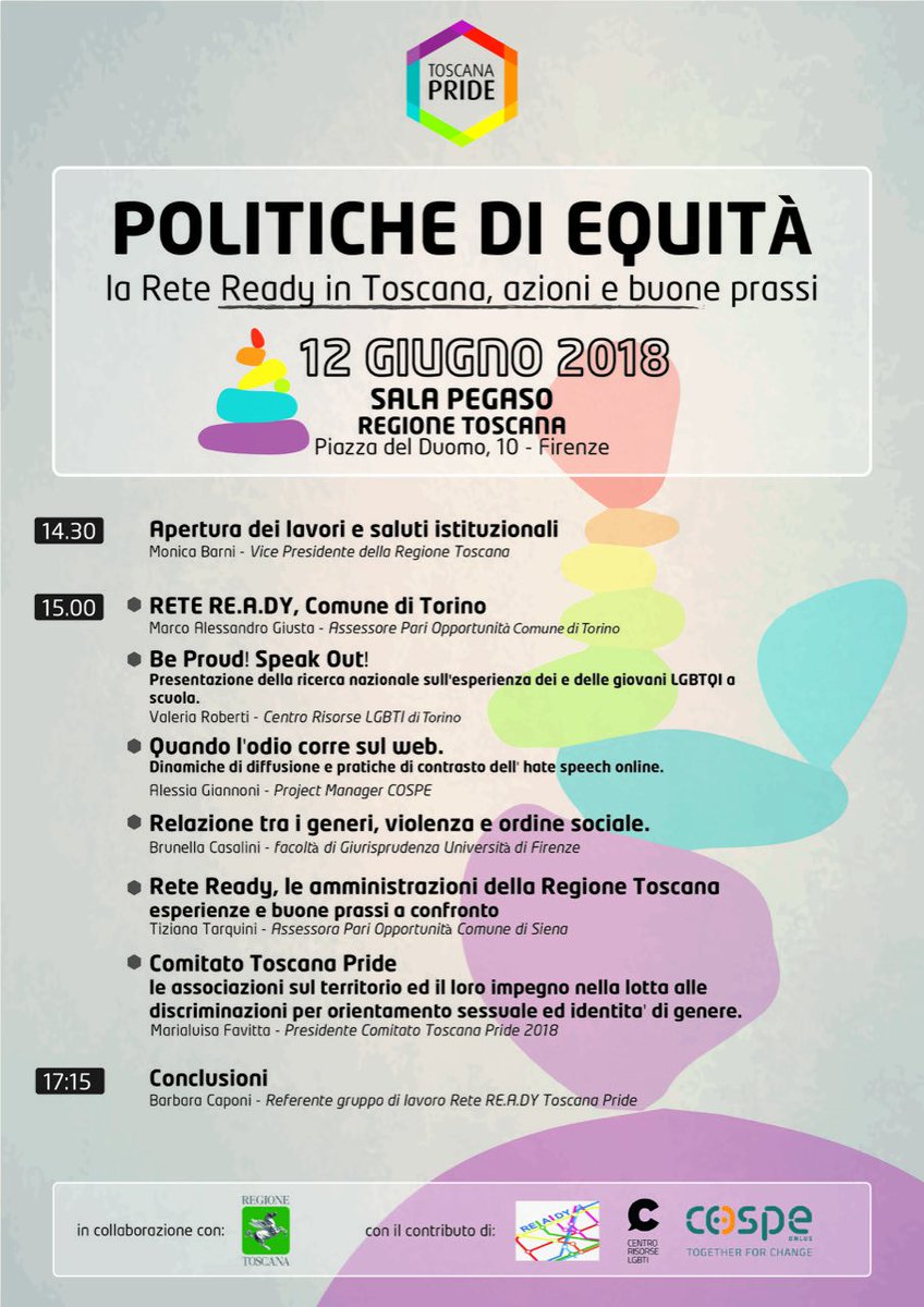 Martedì 12 giugno saremo a #Firenze per partecipare all'evento 'Politiche di  Equità', dove presenteremo i risultati della ricerca nazionale Be Proud! Speak Out! sull'esperienza dei e delle giovani #LGBTQI a #scuola. Vi aspettiamo numeros*! facebook.com/events/2196668…