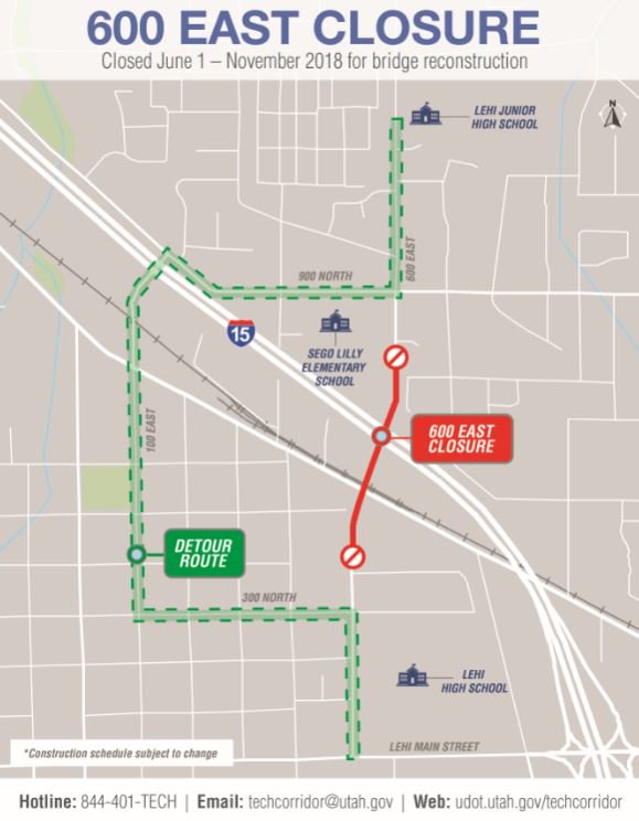 LehiCity's tweet image. 600 East in Lehi will close at I-15 tomorrow for the next six months as @i15techcorridor demolishes and rebuilds the bridge over the freeway. Follow detour signs through November.
