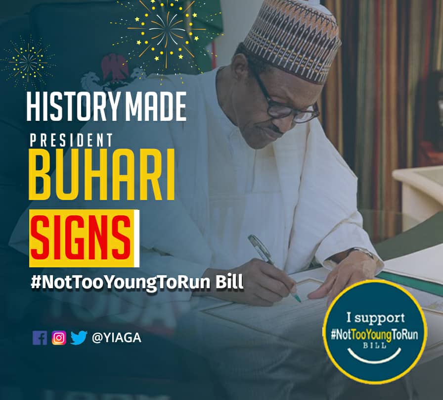 #PMBSigns
The President of the Federal Republic of Nigeria <a href="/NGRPresident/">Presidency Nigeria</a> <a href="/MBuhari/">Muhammadu Buhari</a> has signed the #NotTooYoungToRun bill. History has been made!