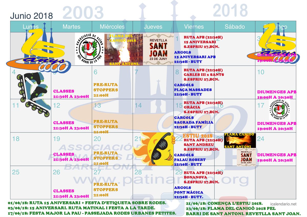 APBoficial's tweet photo. Calendari d'activitats APB JUNY 2018.
Alegria i solidaritat sobre rodes, urbanas i sostenibles. Anima't!
#apb #patinarbcn #classesapb #rutesapb #rutespatins #patinatgeurbà #voluntariat #esports #barcelona #patinemperlapau #rollersapb #rollersbcn #rutesroller #totssombarcelona https://t.co/UVVVPZ9frV