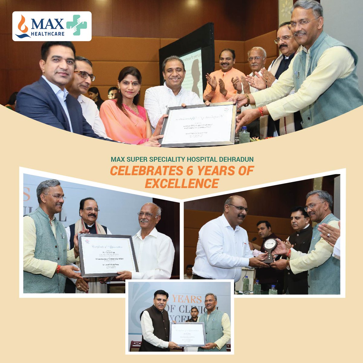 MaxHealthcare's tweet photo. Max Super Speciality Hospital, Dehradun is proud to receive the ‘Award for Excellence’ from Hon’ble Chief Minister of Uttarakhand, Mr. Trivendra Singh Rawat. Mr.Rajit Mehta and Dr. A.K. Singh were awarded for their special contribution to the state. https://t.co/WJTaTAEvs3