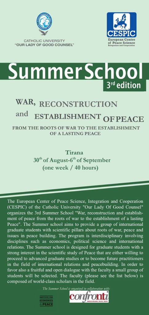 cespic's tweet photo. #cespic Summer school "War, Reconstruction &amp; Establishment of Peace” will be between Aug 30 &amp; Sep 6 in #Tirana. The program will provide students with scientific pillars &amp; roots of #war, #peace and #Peacebuilding info: https://t.co/d67BbPRD3K https://t.co/FsaKKWvLL6