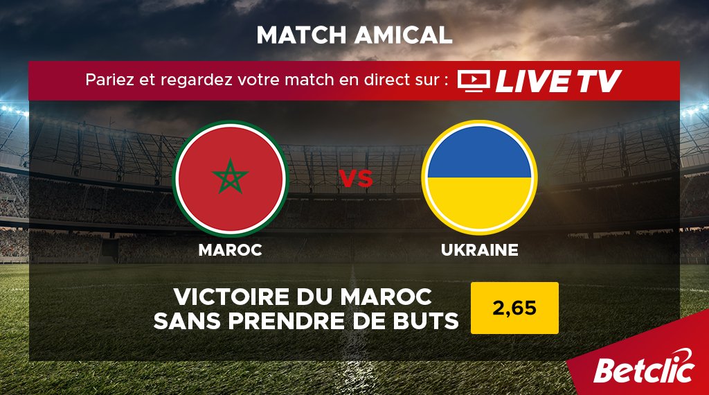 Betclic's tweet photo. ⚽ Match Amical

📊 Le Maroc reste sur une série de 5 victoires !

💰 Le Maroc gagne sans prendre de buts : cote 2,65

📺 Pariez et regardez le match sur la Live TV : https://t.co/fxNQtollrf https://t.co/1185PCWuyr