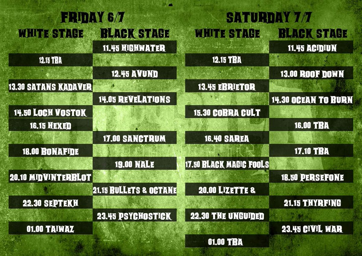 Uppdaterad version av spelschemat, där dagens släpp av Avund och Taiwaz är med.
#urn2018 #urn #uppsalarocknights #psychostick #civilwar #theunguided #persefone #thyrfing #lizetteand #sarea #bonafideband #nale #bulletsandoctane #lochvostok #sanctrum #revelations #blackmagicfools