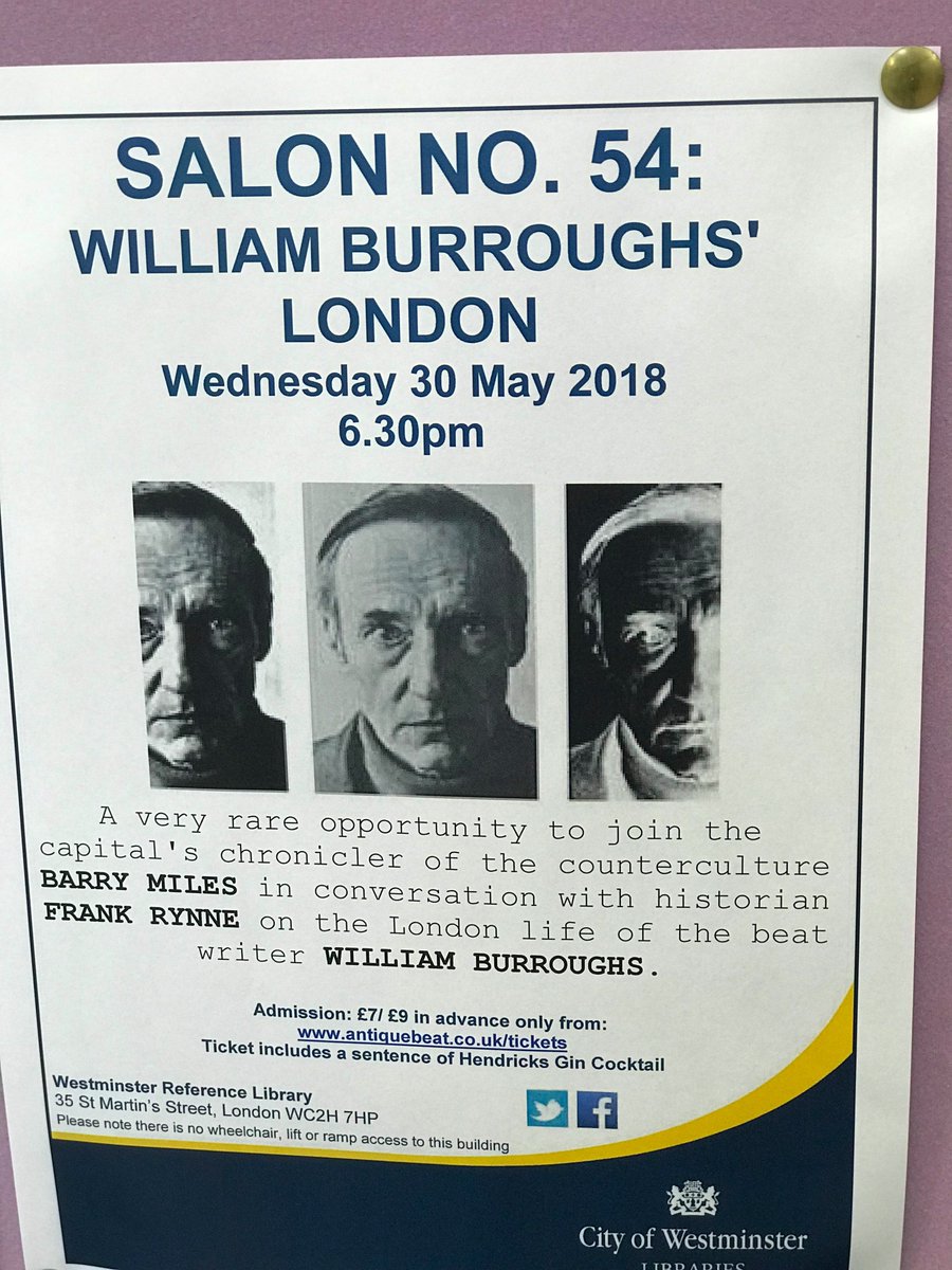 ajlees's tweet photo. Salon 54 last night with Miles and Frank Rynne. Burroughs cut up his friends in London to dissect their personality components. All agreed Trump is a Burroughs character #TheTicketthatExploded @CityLightsBooks @Shakespeare_Co https://t.co/u8FqB1mftY