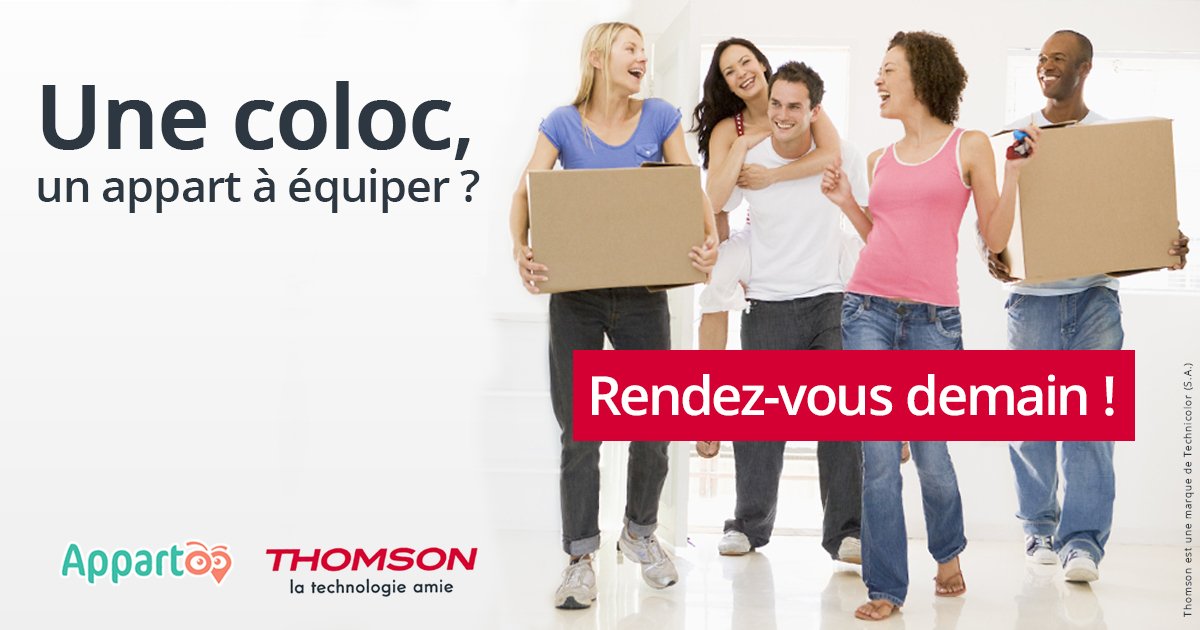 Thomson_FRA's tweet photo. Une coloc - un appart à équiper ?  Ça tombe bien… rendez-vous demain pour en savoir plus ! #JeuConcours #Surprise #ColocContest @Appartoo https://t.co/FNeMJ7ChCv