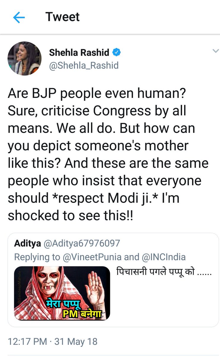 anweshaIND's tweet image. So shocked is @Shehla_Rashid seeing a tweet from an anonymous account that she has questioned BJP&apos;s humanity. Bt remained silent when @VORdotcom insulted PM&apos;s mother &amp;amp; @sudarsansand . 
&amp;amp; these are the same ppl who insist that they are *learned liberals*😏
#Hypocrisy #Selectivity