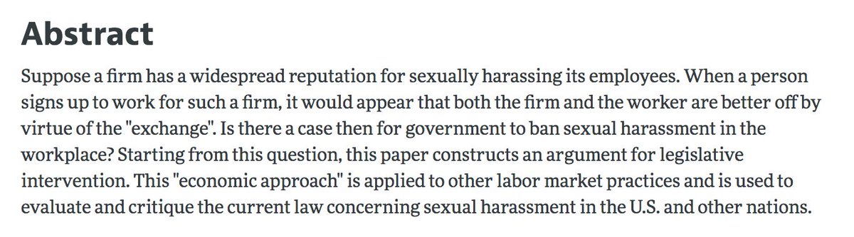 Basu (2003) "The Economics and Law of Sexual Harassment in the Workplace” https://www.aeaweb.org/articles?id=10.1257/089533003769204399