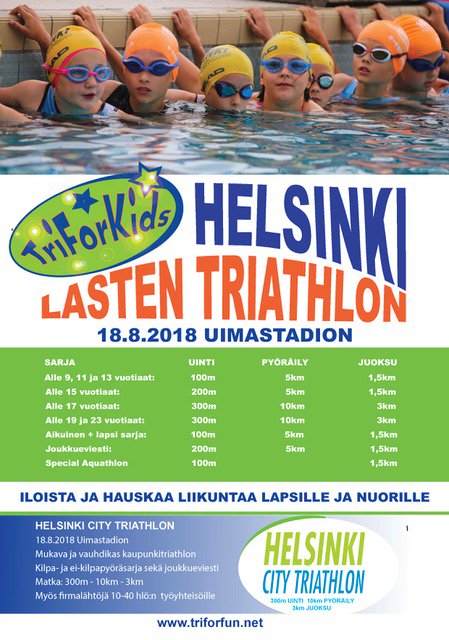 Helsinki City- ja Lasten Triathlon 18.8 uimastadionilla.
Seuraava maksuporras vaihtuu tänään 31.5.
Vielä ehdit siis edullisemmin mukaan =)
Kisasivut ja ilmoittautuminen: triforfun.net