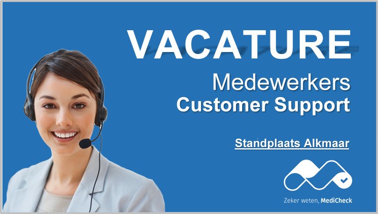 MediCheckApp's tweet photo. MediCheck is per direct op zoek naar Customer Support medewerkers! Interesse? Bekijk de vacature via, https://t.co/lbzdfwXIet #vacature #zorg @VacaturesZenW @Farmavacatures https://t.co/hCpGxM7ZYK